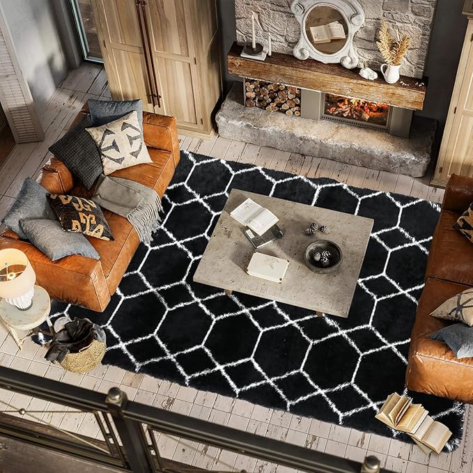 ONASAR Area Rugs for Bedroom Living Room, Fluffy 4x6 Black and White Rug, Geometric Shaggy Plush Bedside Indoor Floor Carpet for Nursery Kids Teens Girls Boys Dorm Home Office Decor