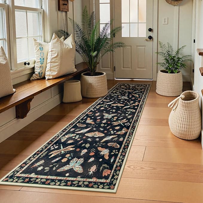 Lahome Insect Hallway Runner Rug, 2'5''x8' Ultra-Thin Washable Runners for Hallways Kitchen, Soft Laundry Room Rug Non-Slip Long Carpet for Entryway Bedroom Bathroom Vionnet, Black