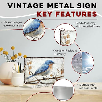Metal Tin Sign Bluebird Watercolor Vintage Rustic Wall Art for Bar Music Room Nursery Home Decor 8x12 Inch