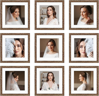 8x8 Picture Frame Set of 9, Display Pictures 4x4 with Mat or 8x8 without Mat, Multi Collage Gallery Square Photo Frames for Wall or Tabletop,Distressed Brown