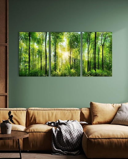 Green Forest Canvas Wall Art: Large Nature Wall Art Tree Pictures Sunrise Landsapce Art Framed Scenery Wall Mural Painting Wall Decor for Bedroom Living Room Office(3 Panel,16 x 24 Inch)