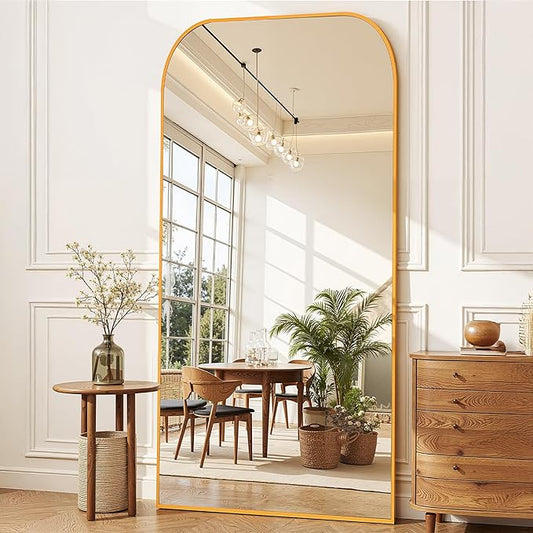 Full Length Mirror with Stand 76"x34" Floor Mirror Freestanding, Arched Floor Standing Large Mirrors Full Body Wall Hanging Leaning Home Decor for Bedroom & Living Room, Gold