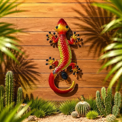 HONGLAND Solar Lizard Wall Decor-30 Inch 3D Gecko Metal Wall Art Outdoor Hanging Glass Sculpture, Yard Decorations Outdoor for Garden Fence