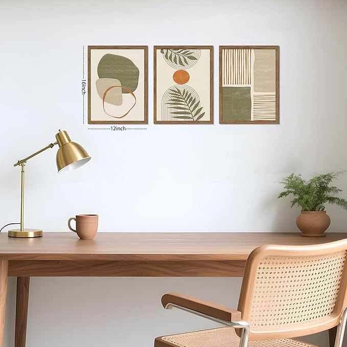 Framed Sage Green Boho Plant Wall Art Set of 3, Neutral Botanical Canvas Prints, Boho Picture Painting, Abstract Mid-Century Modern Tropical Leaf Decor for Living Room Bedroom 12x16 inch