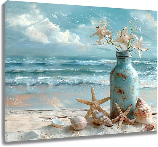 LB Beach Coastal Wall Art Starfish with White Flower in Vintage Vase on Teal Canvas Wall Art Beach Scene Canvas Wall Art Decor for Living Room Bedroom Bathroom Office Framed Ready to Hang 16L x 24W