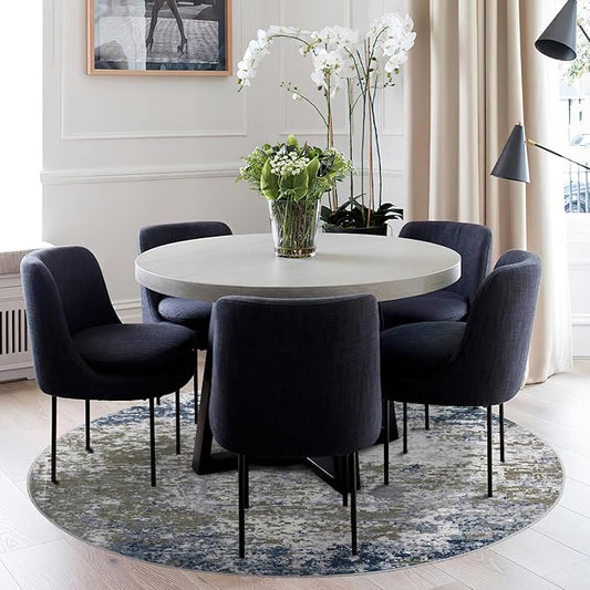 ROYHOME Modern Abstract 6x6 Round Area Rug Non Slip Non Shedding Rug Low Pile Stain Resistant for Bedroom Living Room Office Dining Room,Navy