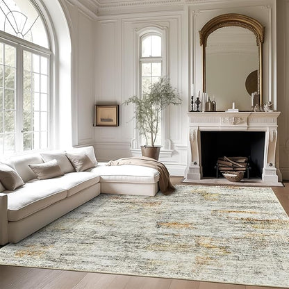 Soalmost 9x12 Area Rugs for Living Room, Non Slip Machine Washable Vintage Rugs, Low Pile Lightweight Large Rug for Bedroom, Dining Room, Home Office Gray Rust