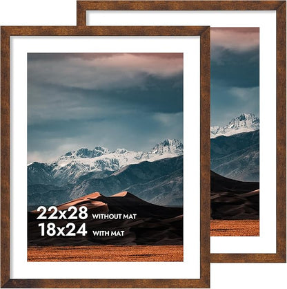 iRahmen 22x28 Poster Frame with 18x24 Mat - Plexiglass Wooden Picture Frames for Photo Wall Gallery Mounting (Dark Brown, Set of 2)