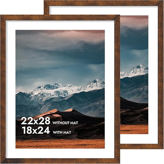iRahmen 22x28 Poster Frame with 18x24 Mat - Plexiglass Wooden Picture Frames for Photo Wall Gallery Mounting (Dark Brown, Set of 2)