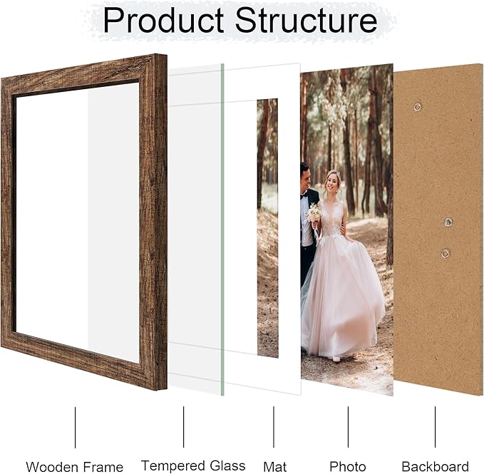iRahmen 10x14 Picture Frame with Mat 8x12 - High Definition Tempered Glass Wooden Photo Frames for Wall Mounting (Brown, Set of 2)