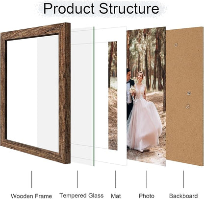 iRahmen 10x14 Picture Frame with Mat 8x12 - High Definition Tempered Glass Wooden Photo Frames for Wall Mounting (Brown, Set of 2)