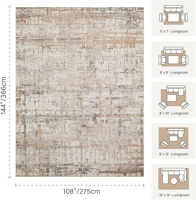 9x12 Area Rug for Living Room, Extra Large Washable Rug, Soft Neutral Abstract Rug for Bedroom, Office, Farmhouse, Low Pile Imitation Wool Non Slip Carpet Ideal for High-Traffic Areas, Beige Grey