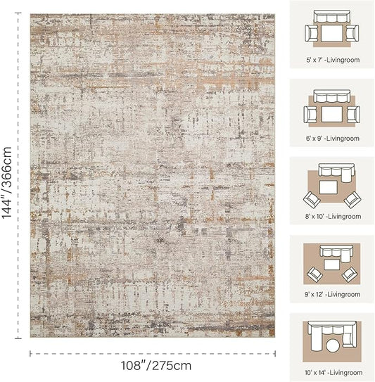 9x12 Area Rug for Living Room, Extra Large Washable Rug, Soft Neutral Abstract Rug for Bedroom, Office, Farmhouse, Low Pile Imitation Wool Non Slip Carpet Ideal for High-Traffic Areas, Beige Grey