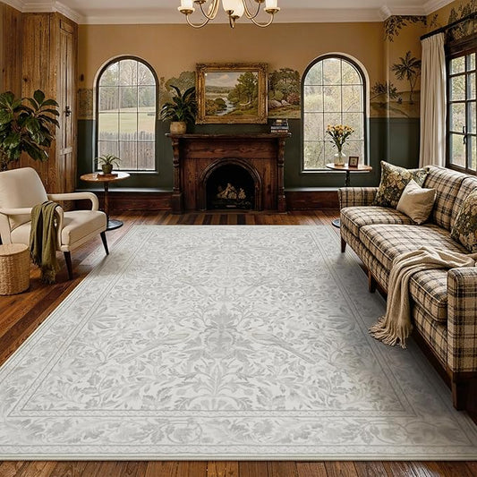 Lahome Bird Area Rugs 9x12 Living Room Bedroom, Soft Washable Rugs 9x12 Ultra-Thin Non-Slip, Vintage Dining Room Rug Non-Shedding Botanical Carpet for Office, Beige