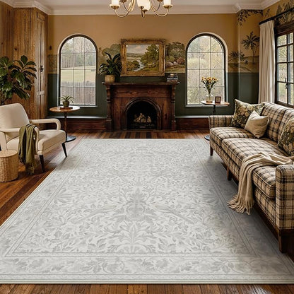 Lahome Bird Washable Rugs 8x10, Soft Beige Rugs for Living Room Bedroom, Botanical Non-Slip Ultra-Thin Large Vintage Throw Carpet for Dining Room Office, Beige