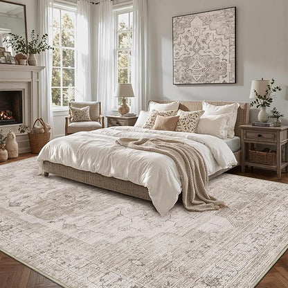 LUMI 8x12 Washable Area Rug for Living Room, Ultra Soft Vintage Rugs with TPE Non Slip Backing, Stain Resistant, Low Profile Carpet High Traffic for Bedroom, Dining Room