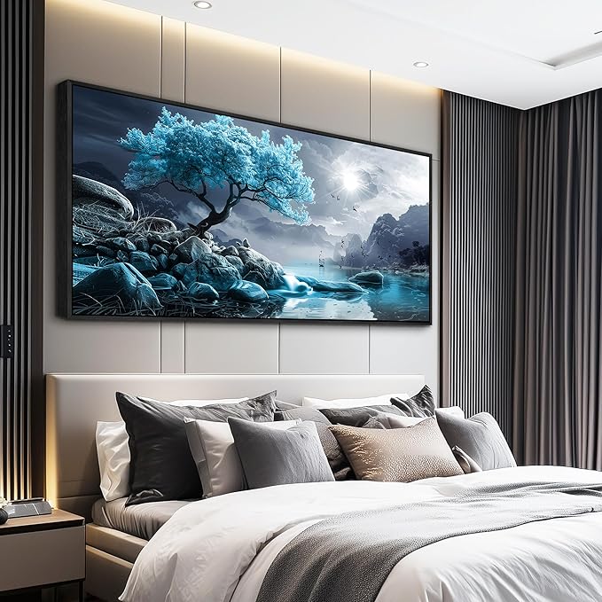 KELIYUAN Large Canvas Wall Decor Bedroom Blue Tree Landscape Wall Paintings Wall Art For Living Room Black And White Pictures Office Mural Framed Prints Artwork Modern Home Decor Aesthetics 32"X72"