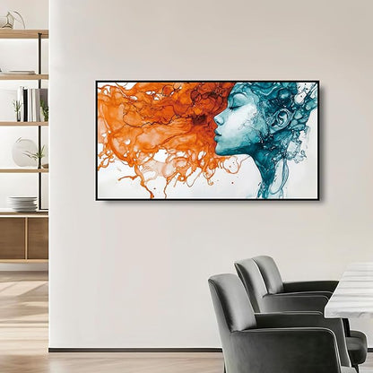 Large Framed Wall Art for Living Room, Modern Abstract Woman Canvas Painting with Durable Metal Frame, Waterproof Art Work for Wall Decor Crystal Porcelain Wall Art Bedroom Office Dining Room Fireplace, 29x58 In