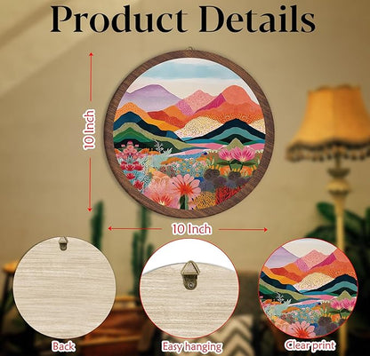 Boho Colorful Landscape Hanging Wall Decor, Abstract Mountain Round Wooden Wall Art, Nature Floral Western Boho Decorations for Aesthetic Apartment Home Living Room Bedroom Bathroom Kitchen Office, 16
