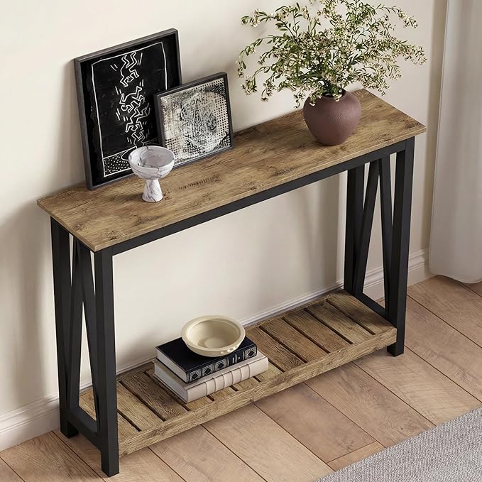 ChooChoo Farmhouse Console Table, Rustic Vintage Narrow Sofa Table for Entryway, Living Room, Hallway, 47 Rustic Oak & Black