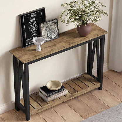 ChooChoo Farmhouse Console Table, Rustic Vintage Narrow Sofa Table for Entryway, Living Room, Hallway, 47 Rustic Oak & Black
