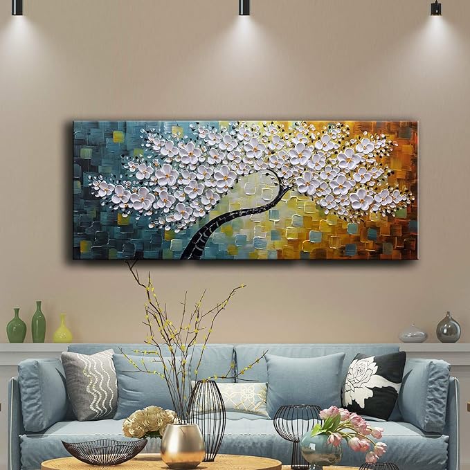 YaSheng Art - Large Canvas Wall Art ,100% Hand Painted Floral Wall Art Oil Painting , 3D Texture White Flower Artwork Paintings, Modern Home Bedroom Living Room Wall Decor ,Abstract Art Painting, Framed Wall Art Pictures 24x60inch