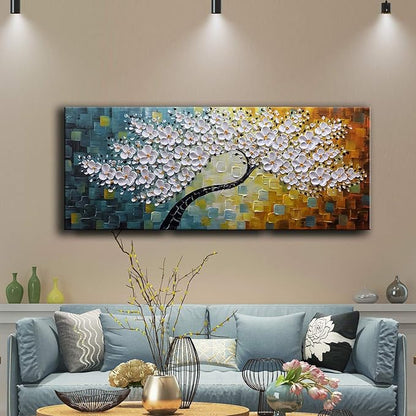 YaSheng Art - Large Canvas Wall Art ,100% Hand Painted Floral Wall Art Oil Painting , 3D Texture White Flower Artwork Paintings, Modern Home Bedroom Living Room Wall Decor ,Abstract Art Painting, Framed Wall Art Pictures 24x60inch