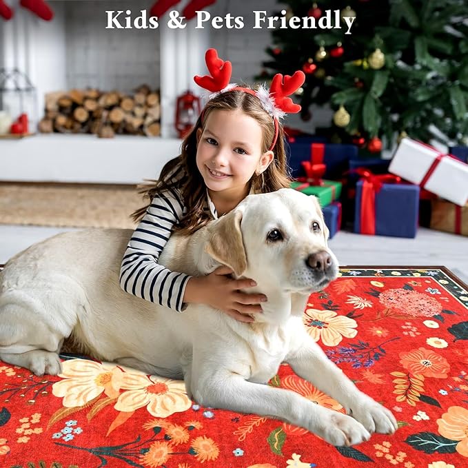 Macgace 2x6 Floral Runner Rug, Flowers Printed Washable Rugs with Non Slip Backing for Girls Bedroom Kitchen Hallway,Cute Carpet Runners Home Aesthetic Decor, Christmas Red