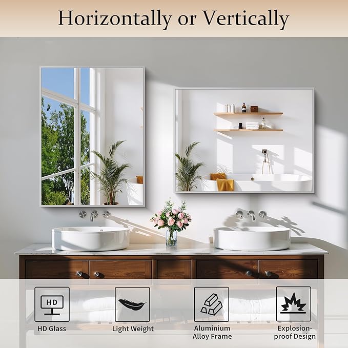 COFENY Silver Bathroom Mirror for Wall, 24x32 Inch Rectangle with Metal Frame, Modern Vanity for Bathroom Living Room, Entryway Hangs Horizontal or Vertical