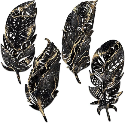Qunclay 4 Pieces Feather Wall Decor Wooden Feather Wall Art Boho Wall Decor Laser Cut Hanging Mandala Large Rustic Farmhouse Wood Sign for Home Living Room Bedroom Bathroom Kitchen(Black, Gold)