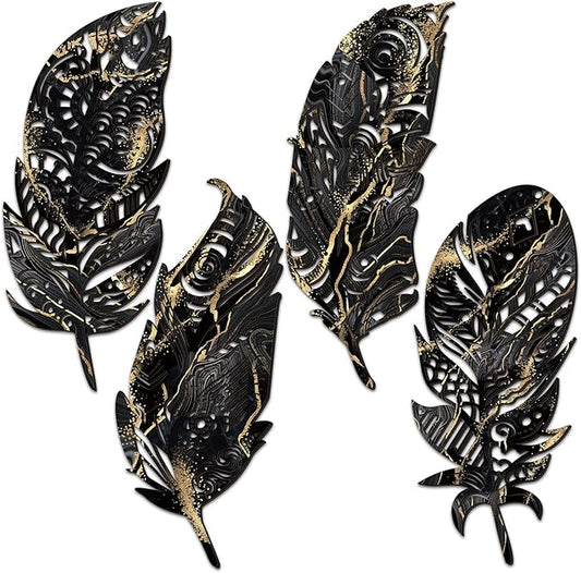 Qunclay 4 Pieces Feather Wall Decor Wooden Feather Wall Art Boho Wall Decor Laser Cut Hanging Mandala Large Rustic Farmhouse Wood Sign for Home Living Room Bedroom Bathroom Kitchen(Black, Gold)