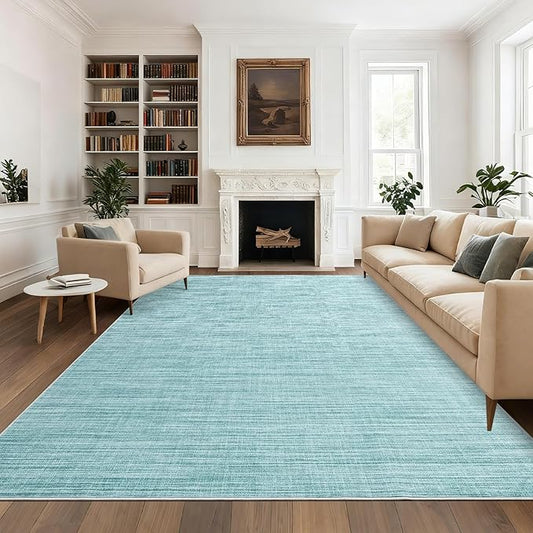 Modern Solid Color Area Rug 10x13 Large Living Room Area Rug Washable Abstract Bedroom Rugs Non Slip Boho Dining Room Throw Carpet Soft Stain Resistant Minimalist Rugs for Nursery Home Office, Blue