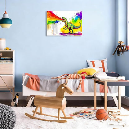 12x16 Graffiti T-Rex Dinosaur Spitting Rainbow Frie Wall Art Colorful Abstract Pop Canvas Prints Kids Room Decor Teen Boys Bedroom Rainbow Framed Wall Pictures Posters Funny Bathroom Animal Pictures