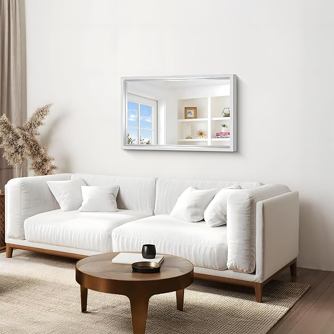 36x24 Silver Bathroom Mirror, Brushed Silver Rectangular Mirror for Wall, 0.6" Thickened Deep Frame Mirrors for Bathroom Sink, Shatterproof Tempered Glass, Antirust, Horizontally or Vertically