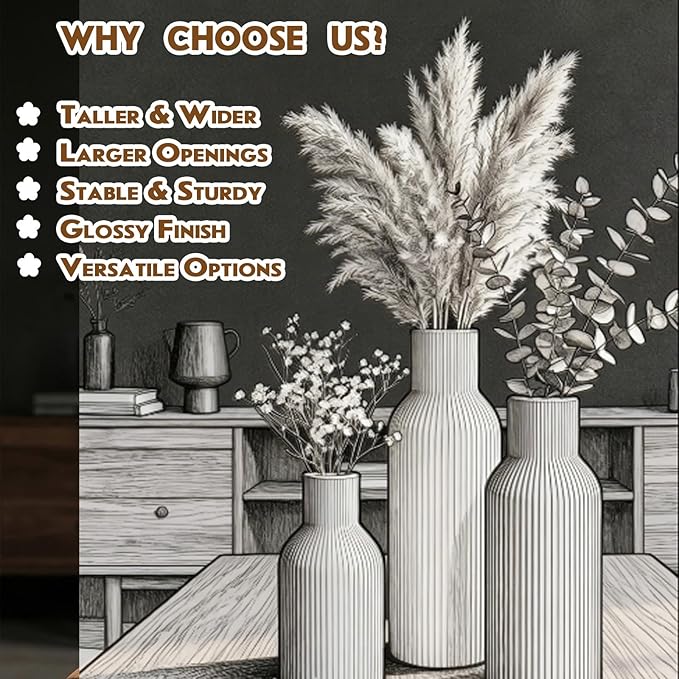 Beige Ceramic Flower Vases Set of 3, Modern Smooth Ribbed Texture, Nordic Minimalist Decor for Pampas, Dried & Fresh Flowers, Centerpiece for Living Room, Shelf, Entryway, Wedding