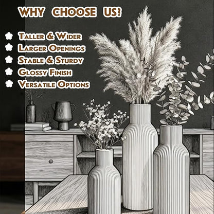 Beige Ceramic Flower Vases Set of 3, Modern Smooth Ribbed Texture, Nordic Minimalist Decor for Pampas, Dried & Fresh Flowers, Centerpiece for Living Room, Shelf, Entryway, Wedding
