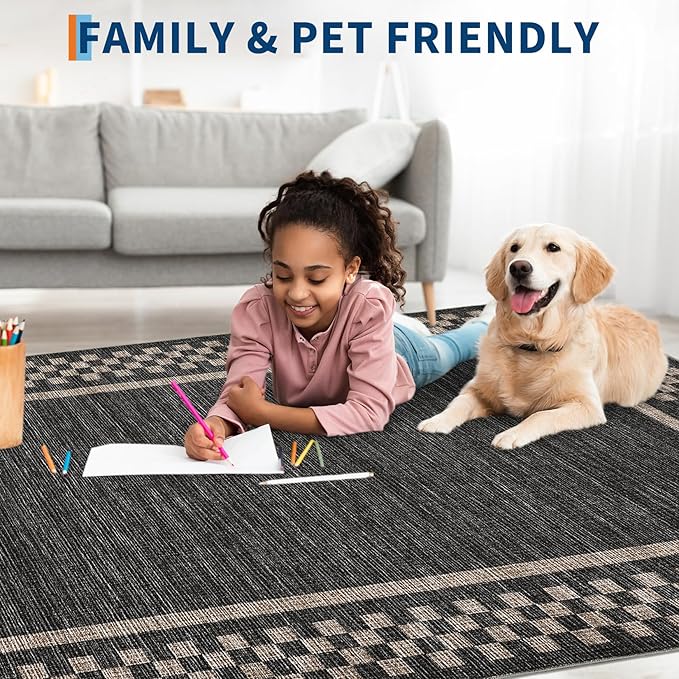 Small Area Rug 2x3 Modern Checkered Entry Rug Solid Color Scalloped Kitchen Rugs Washable Bedroom Doormat Non Slip Stain Resistant Bordered Throw Carpet for Living Room Nursery Laundry, Black