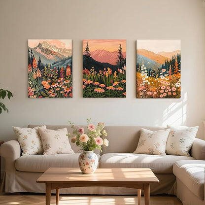 ICHZUMW Boho Mountain Wall Decor, Colorful Nature Abstract Landscapes Wildflower Canvas Wall Art, Daisy Painting Artwork for Living Room Bedroom Office, Wrapped Canvas, Ready to Hang, 12x16in 3Pcs