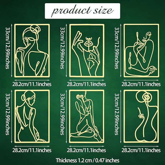 Cindeer 6 Pcs Metal Wall Decor Metal Minimalist Abstract Woman Wall Art Modern Minimalist Decor Aesthetic Female Hanging Art Large Single Line Wall Sculpture for Home Bedroom Living Room (Gold)