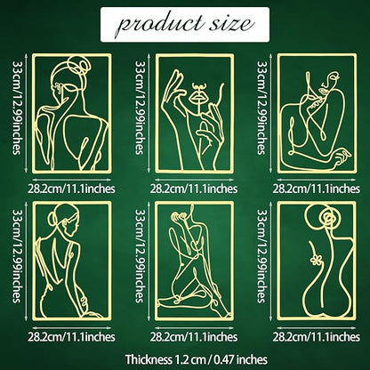 Cindeer 6 Pcs Metal Wall Decor Metal Minimalist Abstract Woman Wall Art Modern Minimalist Decor Aesthetic Female Hanging Art Large Single Line Wall Sculpture for Home Bedroom Living Room (Gold)