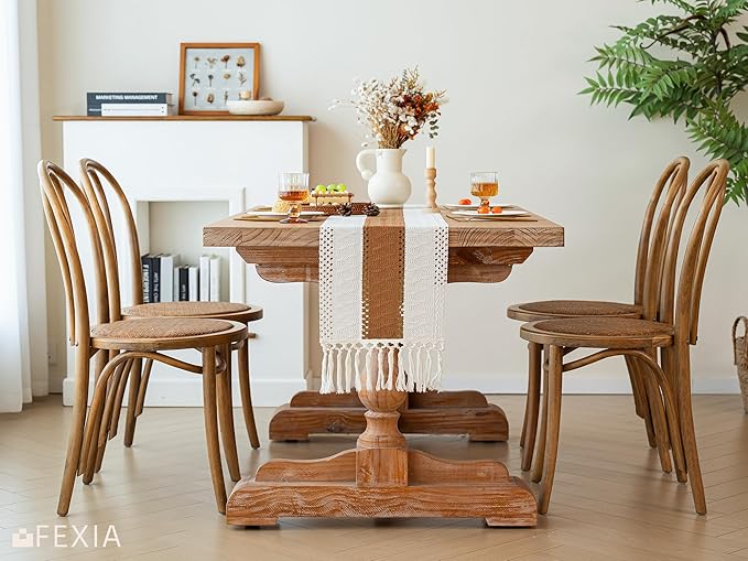 FEXIA Boho Table Runner with Tassels 72 Inches Long for Summer Home Decor Farmhouse Rustic Macrame Burlap Table Decoration for Living Room Dining Room, Reddish Brown(12x72 Inches)