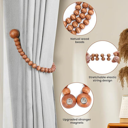KLOGTSIND Magnetic Curtain Tiebacks, Curtain Tie Backs for Curtains 2 Pack, Wood Bead Curtain Tiebacks, Curtain Holders for Boho Bedroom Decor, Baby Nursery Decor, Farmhouse Decor