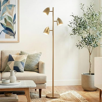 Brightech Jacob LED Standing Lamp, Modern Bright Floor Lamps for Living Rooms & Bedrooms, Tall LED Lighting Lamp with Adjustable 3 Light Tree – Antique Brass/Gold
