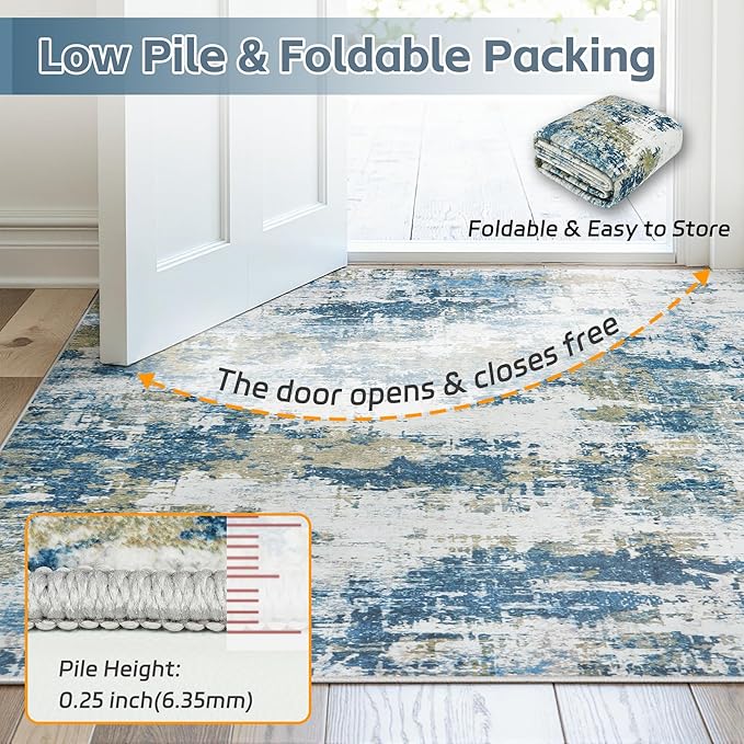 Area Rug 10x14 Living Room Rug Washable: No-Slip Abstract Soft Thin Large Blue Rugs, Indoor Floor Stain Resistant Modern Carpet for Bedroom Dining Room Farmhouse Nursery Home Office (Blue, 10'x14')