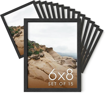 HAUS AND HUES 6x8 Black Oak Frame Set of 15 - Premium Wood, Vertical Display (Shatterproof Plexiglass)