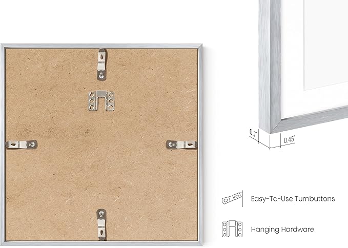 HAUS AND HUES 10x10 Silver Metal Picture Frames Matted to 5x5 - Premium Aluminum with Hanging Hardware, Shatterproof Plexiglass - Ideal for Home or Office (10x10 in, Silver, Set of 4)
