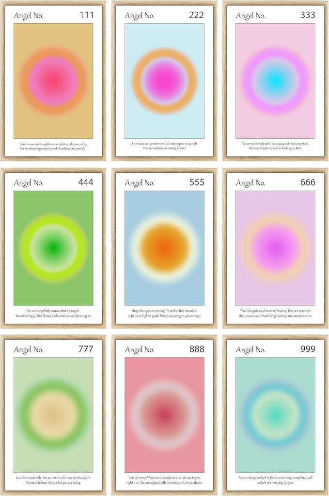 Aura Angel Numbers Poster Sets of 9 for Home Room Decor Aesthetic - Minimalist Wall Art, Positive Inspirational Quotes Poster Prints, and Aesthetic Posters for Bedroom - 11x17 in. Laminated, No Frame