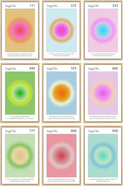 Aura Angel Numbers Poster Sets of 9 for Home Room Decor Aesthetic - Minimalist Wall Art, Positive Inspirational Quotes Poster Prints, and Aesthetic Posters for Bedroom - 11x17 in. Laminated, No Frame