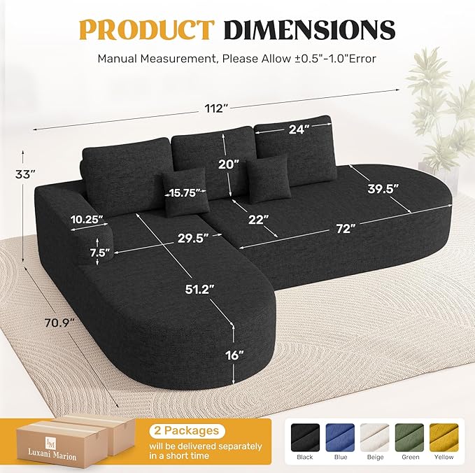 112" Modern Curved Cloud Couch, Chenille Boneless Couches for Living Room with Deep Seat, Memory Foam Compressed Modular Sectional Sofa, No Assembly Required,Black 1 PCS