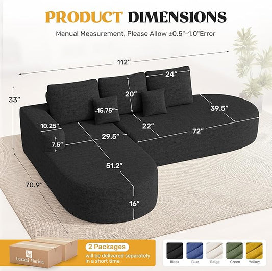 112" Modern Curved Cloud Couch, Chenille Boneless Couches for Living Room with Deep Seat, Memory Foam Compressed Modular Sectional Sofa, No Assembly Required,Black 1 PCS